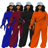 Womens Zipper Long Sleeve Knotted Wide Leg Pants Set R3116