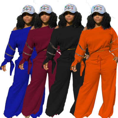 Womens Zipper Long Sleeve Knotted Wide Leg Pants Set R3116