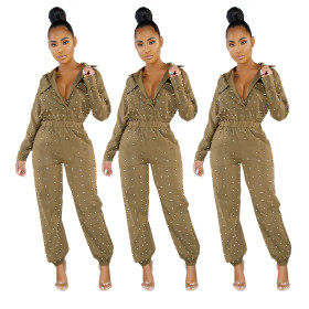 Stylish Beading V Neck Mid Waist Jumpsuit With Pockets Q366