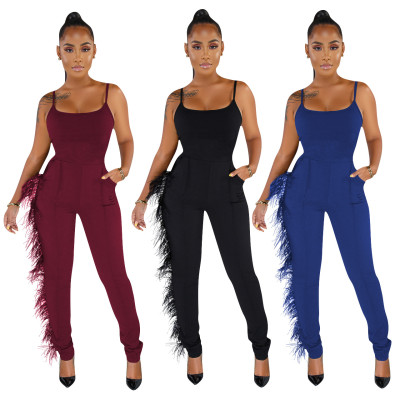 Newest Pure Color Spaghetti Strap Tight Jumpsuit With Feather Q324