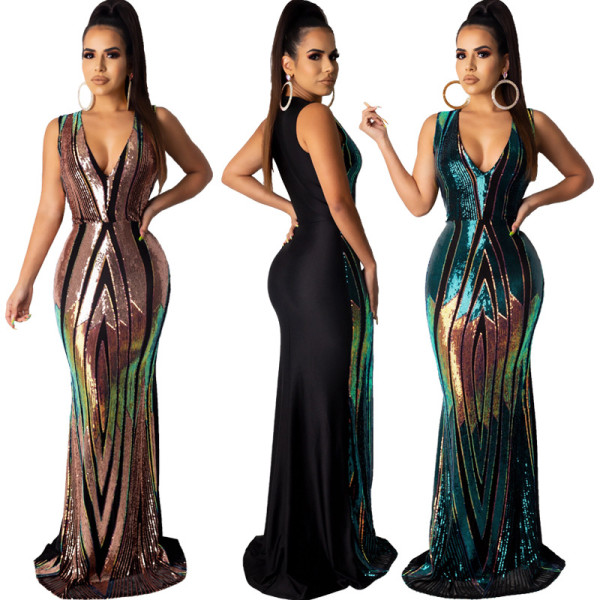 Ladies Elegant Sequined Bodycon Sleeveless Maxi Dress CCY8179