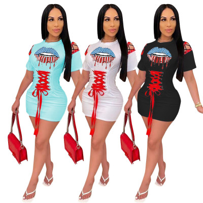 Womens machine eye strap print waist dress TRS1057