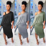 Sleeveless Split Dress Cover Up Top Plain Color Leisure Skirt Sets KF142