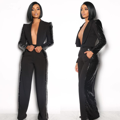 Business Women Black Side Glitter Sequins Patchwork Blazer Suits YX9177
