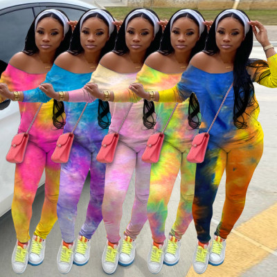 Fashion Tie Dye Printed Slash Neck Long Sleeve Top With Trousers Two Piece Set YZM7081