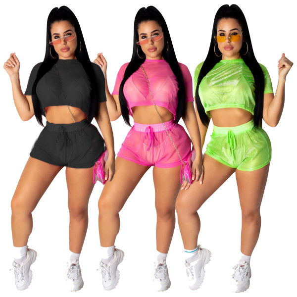 Hot Sell Pure Color 2 Pieces Perspective Short Sets For Wholesale SDD9141