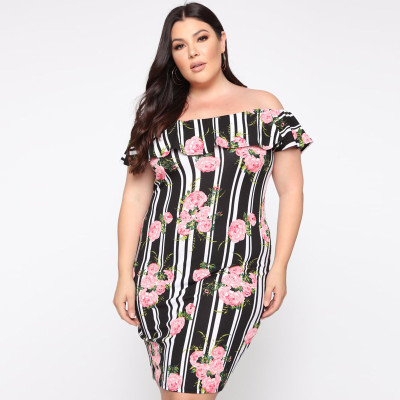 Stripe shoulder lotus leaf collar large size dress OSS19287