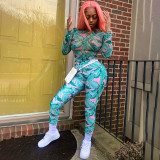 Fashion Printed Round Neck Long Sleeves Top With Trousers Bodycon Two Piece Sets A20534S