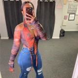 Sexy Solid Color Zipper V-Neck Strapless Backless Mesh Sleeves Mini Top K20546T