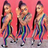 Summer Bandage Rainbow Stripe Bodycon Jumpsuit YT3161
