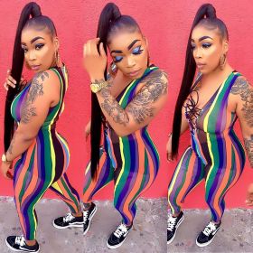 Summer Bandage Rainbow Stripe Bodycon Jumpsuit YT3161