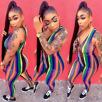 Summer Bandage Rainbow Stripe Bodycon Jumpsuit YT3161