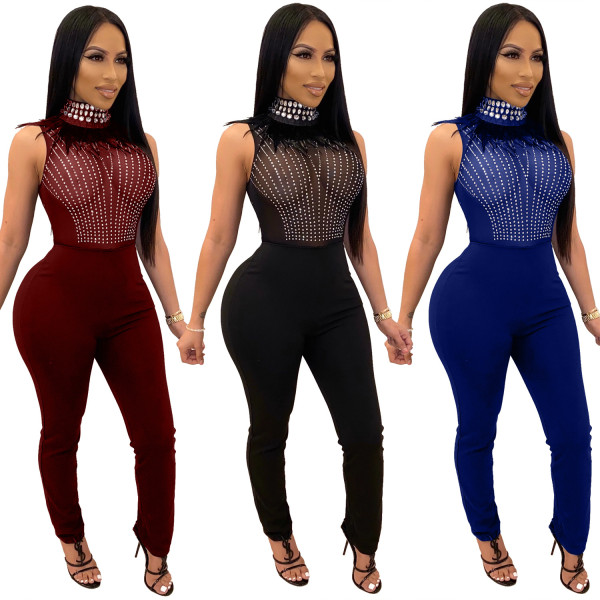 Sleeveless stand-up collar feather hot rhinestone mesh see-through sexy bodysuit AJ4095