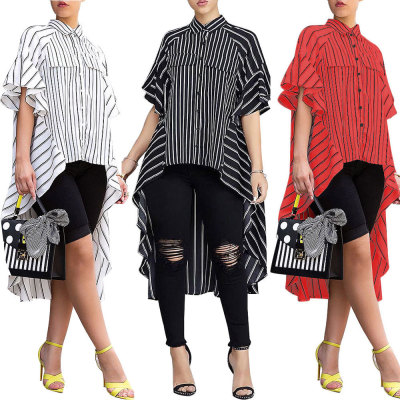 Hot Sell Irregular Women Shirt High Low Hem Stripe Dress SN3435