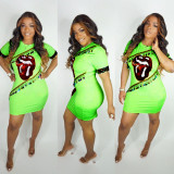Fashion Women Green Slim Printing Mini Dress H1133
