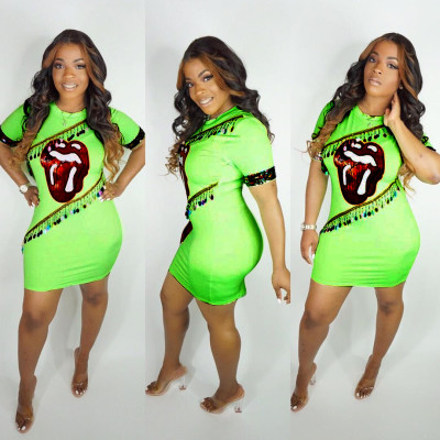 Fashion Women Green Slim Printing Mini Dress H1133