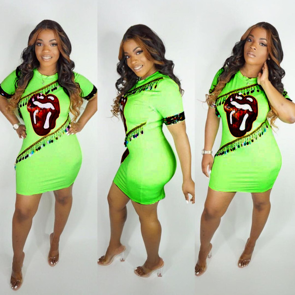 Fashion Women Green Slim Printing Mini Dress H1133