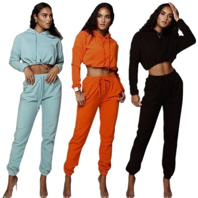 Gym Ladies Pure Color Suits Crop Hoodie Elastic Waist Pants SMD7025