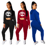 Sexy Women's Navel Print Long Sleeve Sweatshirt Set SH7153