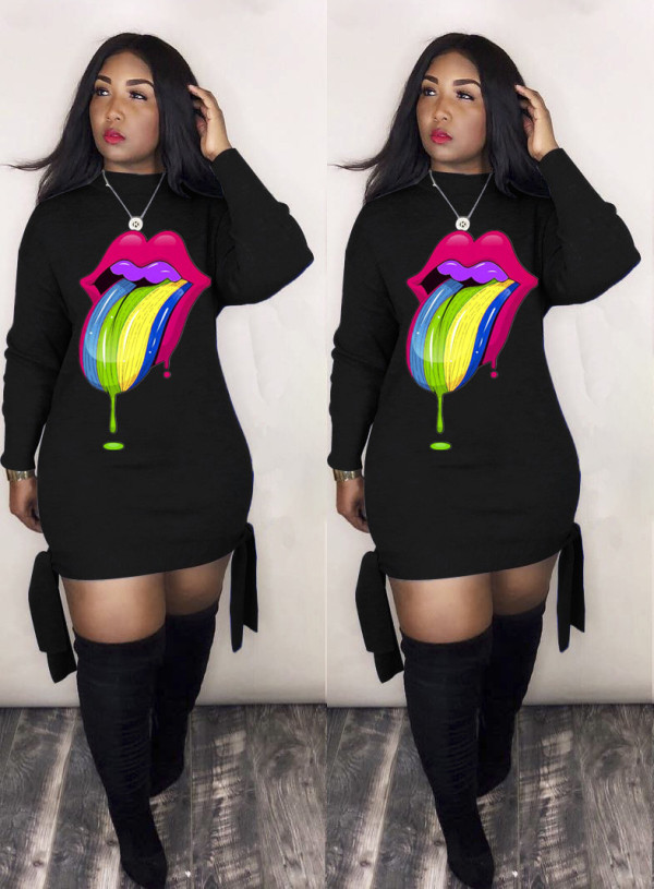 Hot Sale Long Sleeves Women Leisure Printing Tied Dress LMM8085