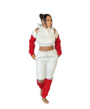 Fashion Contrast Stitching Zipper Long Sleeves Hooded Cropped Sweater With Drawstring Trousers Two P