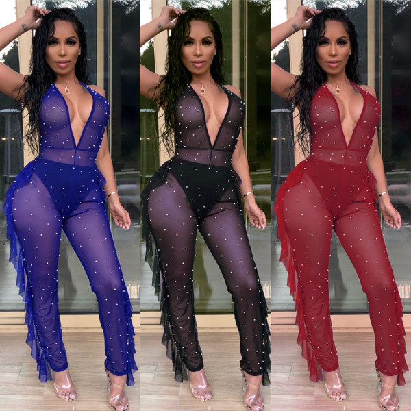 Sleeveless Deep V-Collar Mesh Backless Perspective Sexy Pants ME2691
