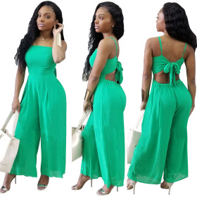 New Arrival Solid Condole Belt Chiffon Wide Leg Jumpsuit R6083