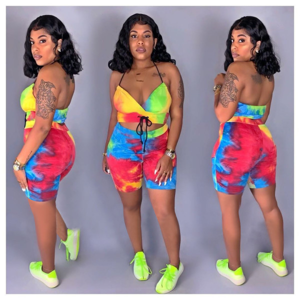 Leisure Tie Dye Sets Bandage Bra Top Women Shorts OEP6036