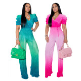 Gradient princess puff sleeve wide-leg jumpsuit with lace-up women CCY8730