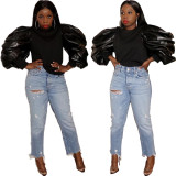 Unique Round Collar Women Leather Sleeves Black Trendy Top HG5303