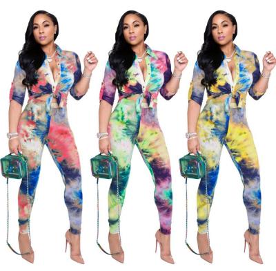 Two-piece fashion casual tie-dye cardigan button suit W8323