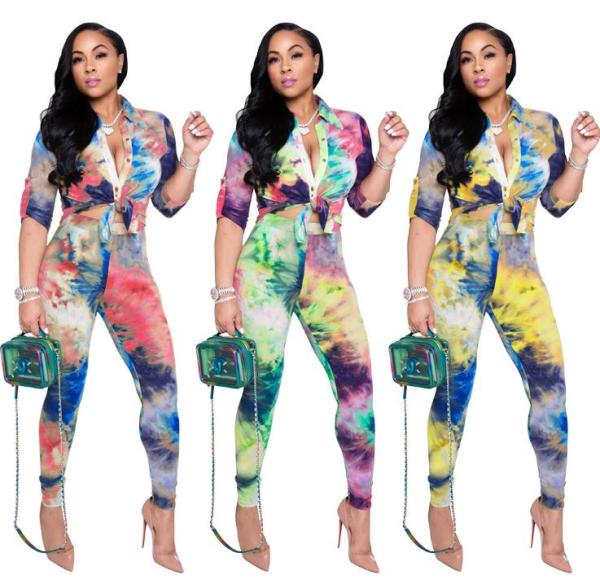 Two-piece fashion casual tie-dye cardigan button suit W8323