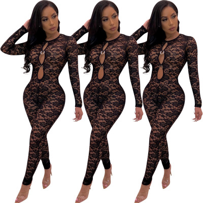 Transparent Black Lace Sexy Club Wear Bodycon Jumpsuits ED8078