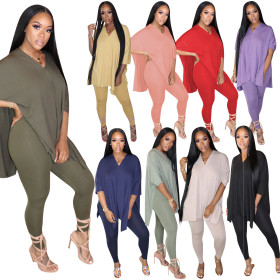 Casual Solid Color V-Neck Top Bodycon Pants Two Piece Suit Q610