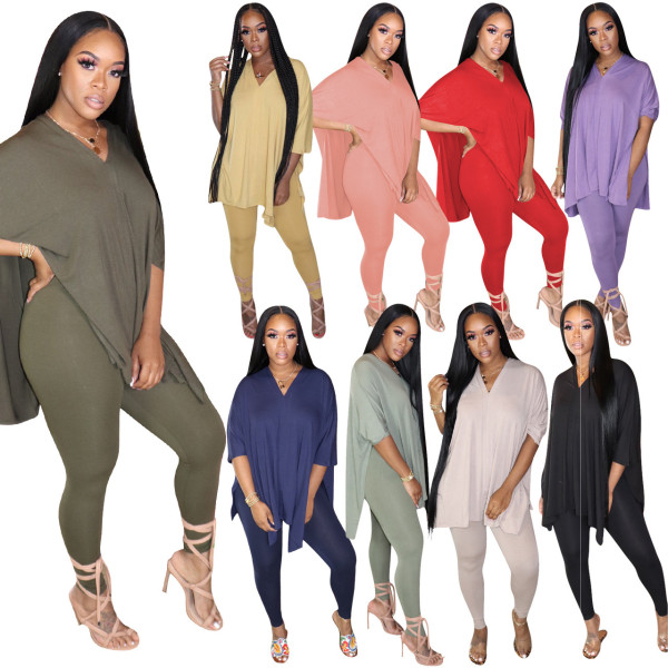Casual Solid Color V-Neck Top Bodycon Pants Two Piece Suit Q610