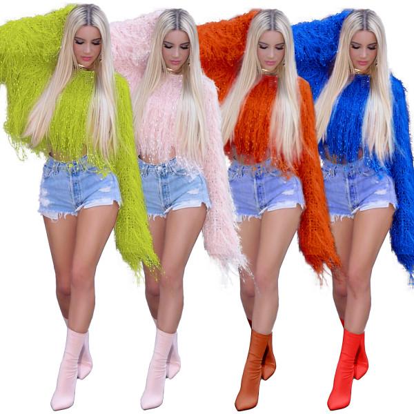 Autumn Winter Fashion Long Sleeves Solid Color Tassel Sweater ZS052