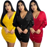 Slim Winter Ladies Clothes Beading V Collar Wrap Dress YMT6121