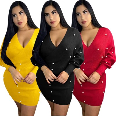 Slim Winter Ladies Clothes Beading V Collar Wrap Dress YMT6121