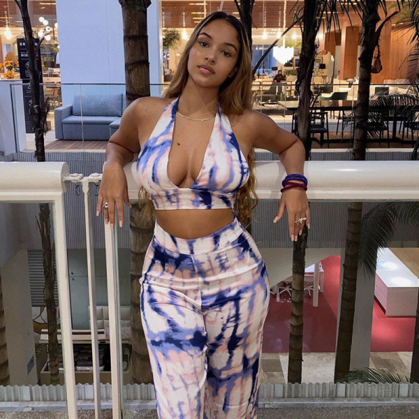 Sexy Tie Dye Printed V-Neck Sleeveless Backless Mini Top With Trousers Two Piece Set S082820W