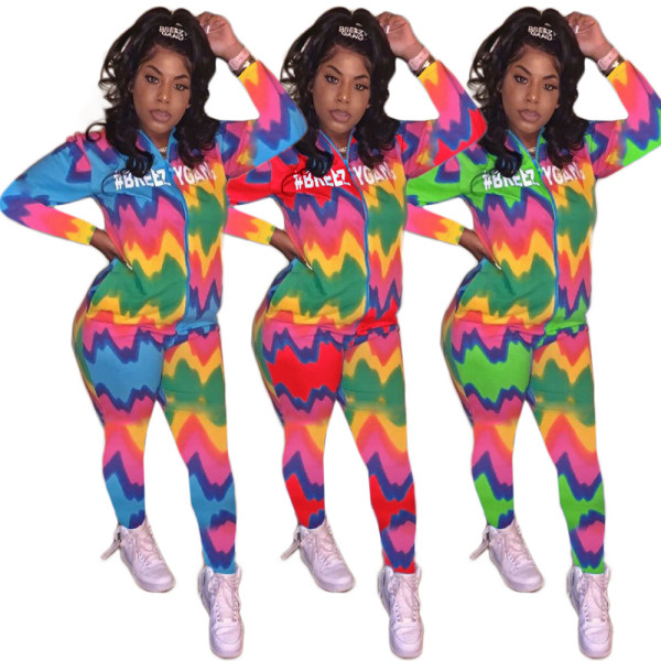 Colorful Fashion Outfits Zipper Letters Hoodie Tight Pants YX9159