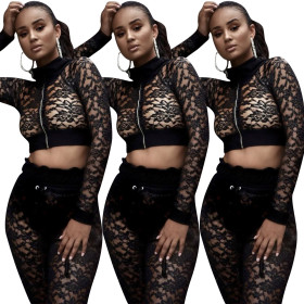 Black See Through Zipper Tops Lace Pants Sets ED8041