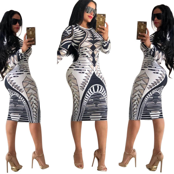 Promotion Geometric Print Long Sleeve Midi Dress XY1874