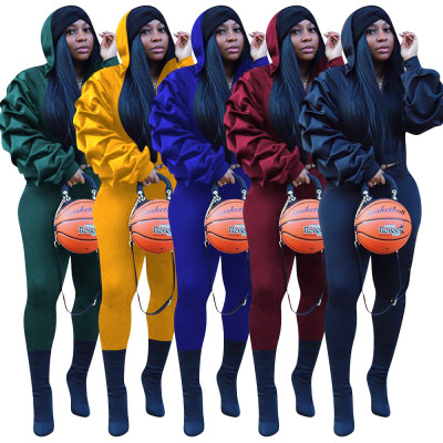 Ruffle Sleeve Hoodie Slinky Pants Winter Solid Color Female Sets W8256