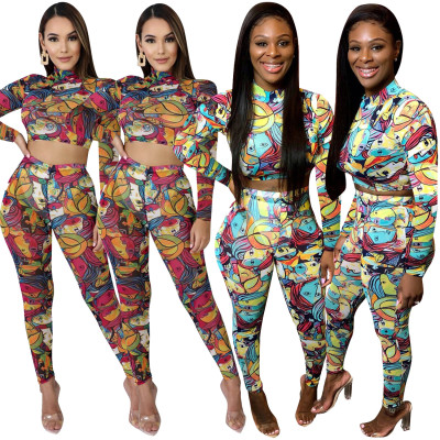 Digital Printing Bodycon Casual Sets Crop Top Slinky Pants ALS144