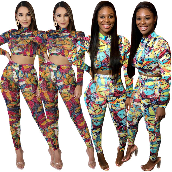 Digital Printing Bodycon Casual Sets Crop Top Slinky Pants ALS144