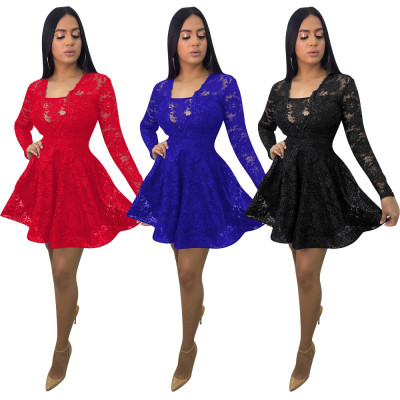 Elegant Pure Color Mature Women Long Sleeve Lace Dress W8250