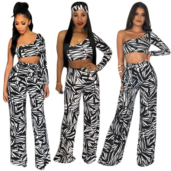 Fashion Single Shoulder Long Sleeve Top Wide Leg Trousers SMD6648