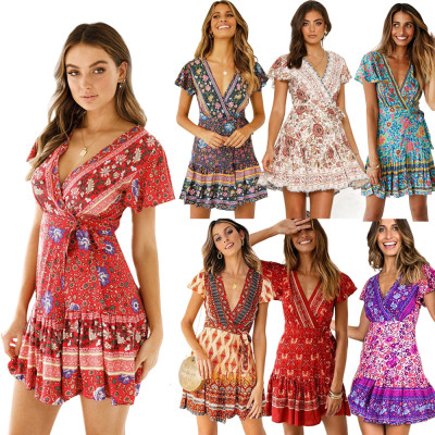 Women Trendy Short Sleeves Floral Print V Collar Ruffled Dress NS3223