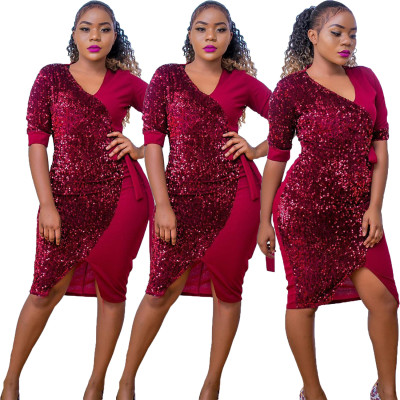 New Arrival Women Clubwear Sequin Patchwork Split Dress T3313H