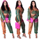 Color Patchwork Mesh Outfits Hoodie Crop Top Elastic Pants M806